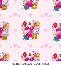 Padrão perfeito com feliz celebração de 2º aniversário com animais bonitos.