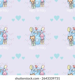 Seamless pattern with happy 3th birthday celebration with cute animals.