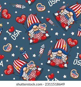 Seamless Pattern Happy 4th of July America Independence With Cute Gnome, I Love USA, Cartoon Illustration