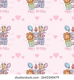 Seamless pattern with happy 5th birthday celebration with cute animals.