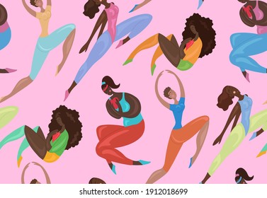 Seamless pattern of happy african sports girl jumping and exercises on pink background. Body positivity, confidence and self acceptance. The power of women and feminism. Delicate vector texture