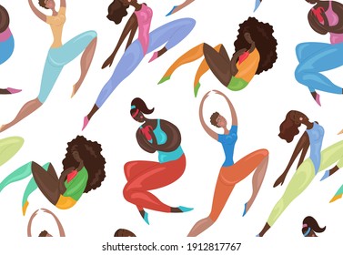 Seamless pattern of happy african sports girl jumping and exercises. Body positivity, confidence and self acceptance. The power of women and feminism. Delicate vector texture for wallpaper, fabric