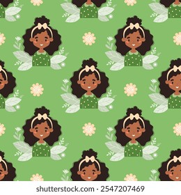 Seamless pattern with happy afro american ethnic girl child with curly hairstyle on green background with flowers and leaves. Vector illustration in flat style