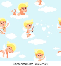 Seamless pattern with happy angels sitting on clouds in the sky. Vector illustration