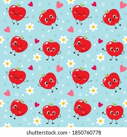 Seamless pattern with happy apples. Design for kids with smiling apple. Wrapping or scapbook paper with cartoon fruit, nursery pattern vector illustration