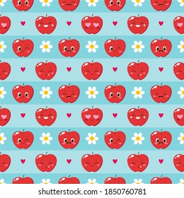 Seamless pattern with happy apples. Design for kids with smiling apple. Wrapping or scapbook paper with cartoon fruit, nursery pattern vector illustration