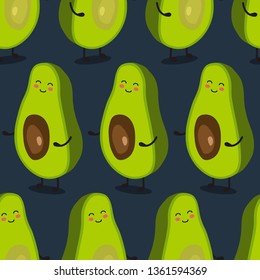 Seamless pattern with happy avocado, hand drawn backdrop, print. Colorful illustration, raw food vector. Overlapping background with vegetables. Decorative wallpaper, good for printing