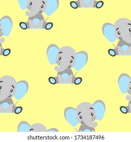 Seamless pattern with happy baby elephant. Gray and blue. Yellow background. Flat cartoon style. Funny and cute. African animal. Nature and ecology. Postcards, wallpaper, textile and wrapping paper