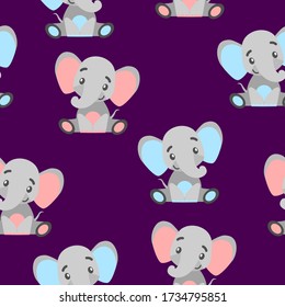 Seamless pattern with happy baby elephant. Gray, pink, blue. Purple background. Flat cartoon style. Funny and cute. African animal. Nature and ecology. Postcards, wallpaper, textile and wrapping paper