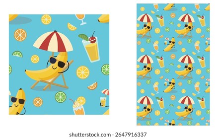 Padrão sem costura com uma banana feliz usando óculos de sol relaxando em um chaise longue cercado por frutas e coquetéis.