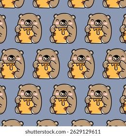Seamless pattern of a happy bear holding honey. Ideal for children’s textiles, sweet product packaging, or playful backgrounds.

