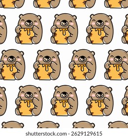 Seamless pattern of a happy bear holding honey. Ideal for children’s textiles, sweet product packaging, or playful backgrounds.

