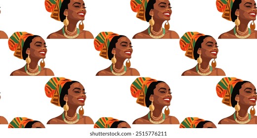 Seamless pattern with happy and beautiful afro american woman