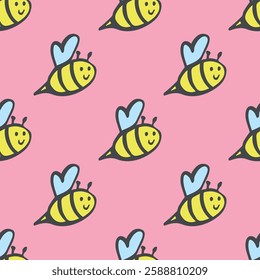 Seamless pattern with happy bees doodle for decorative print, wrapping paper, greeting cards, wallpaper and fabric
