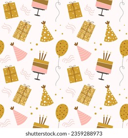Seamless pattern Happy Birthday. Cakes, balloons, gift boxes and party hats. Festive background in simple style with golden sparkles, vector