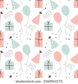 Patrón sin foco Feliz Cumpleaños. Pasteles, globos, cajas de regalo y sombreros de fiesta. Fondo festivo en estilo simple, vector