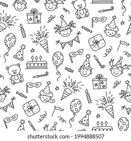 Seamless pattern with Happy Birthday doodles. Sketch of party decoration, funny smily children face, gift box and cute cake. Children drawing. Hand drawn vector illustration on white background.