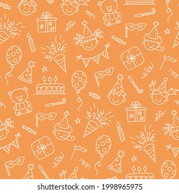 Seamless pattern with Happy Birthday doodles. Sketch of party decoration, funny smily children face, gift box and cute cake. Children drawing. Hand drawn vector illustration on orange background.