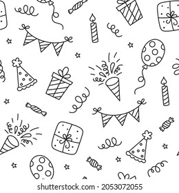 Seamless pattern with Happy Birthday doodles. Sketch of party decoration, gift box and balloons. Children drawing. Hand drawn vector illustration on white background.