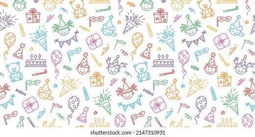 Seamless Pattern With Happy Birthday Doodles. Sketch Of Party Decoration, Funny Smily Children Face, Gift Box And Cute Cake. Children Drawing. Hand Drawn Vector Illustration On White Background.