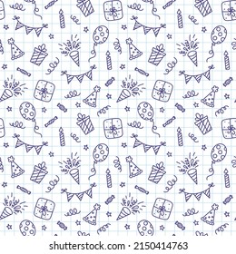 Seamless pattern with Happy Birthday doodles. Sketch of party decoration, gift box and balloons. Children drawing. Hand drawn vector illustration on squared notebook background.