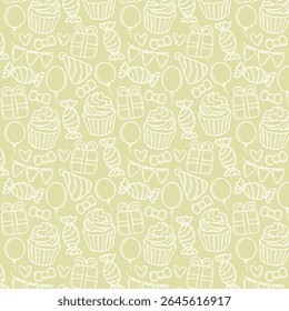 Seamless pattern with Happy Birthday doodles. Sketch of party decoration, funny, gift box and cute cake. Children drawing. Hand drawn vector illustration on white background.