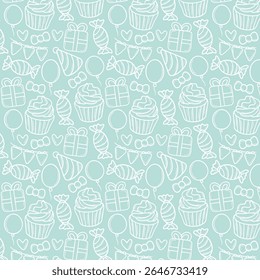 Seamless pattern with Happy Birthday doodles. Sketch of party decoration, funny, gift box and cute cake. Children drawing. Hand drawn vector illustration on white background.