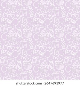 Seamless pattern with Happy Birthday doodles. Sketch of party decoration, funny, gift box and cute cake. Children drawing. Hand drawn vector illustration on white background.