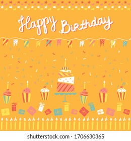 Seamless pattern for happy birthday, party, anniversary, greeting postcard. Cake, present, gift, flags, candle, confetti, yellow orange background color. Wrapping paper, textile, fabric for kid, child