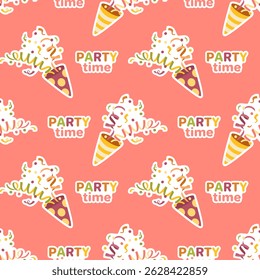 Etiqueta engomada inconsútil del feliz cumpleaños del patrón, clapper con el confeti y las serpentinas en fondo brillante. Cumpleaños, fiesta, celebración, celebración, fiesta, felicitaciones, invitación. Vector.