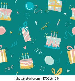 Seamless pattern with Happy Birthday's cakes, pies and gifts. Hand drawn sweet bakery products in sketchy style on the white background. Vector illustration, isolated cartoon desserts.