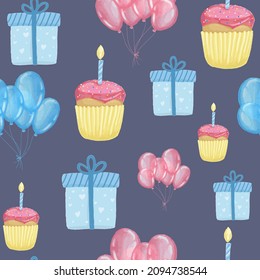 Seamless pattern of with Happy Birthday's cakes, pies, tarts, with candle balloons gifts. background for birthday, gift wrap. Vector illustration, isolated cartoon