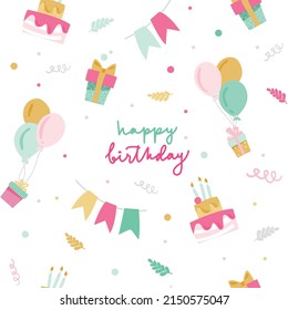 Seamless pattern with Happy Birthday's cakes, balloons, confetti, spirals, gift boxes. Happy Birthday lettering. Vector illustration in flat style