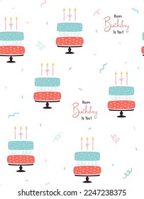 seamless pattern with happy birthday's cakes and confitti, sweet bakery products in flat style on white background, cartoon vector illustration in scandinavian style