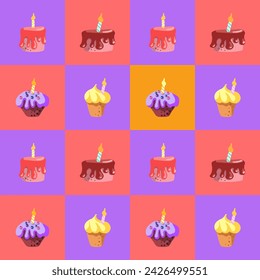 Patrón sin fisuras de pasteles con cumpleaños felices tartas pasteles muffins Dibujado a mano productos dulces de panadería estilo en el fondo blanco aislado de dibujos animados postres Ilustración vectorial