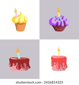 Patrón sin fisuras de pasteles con cumpleaños felices tartas pasteles muffins Dibujado a mano productos dulces de panadería estilo en el fondo blanco aislado de dibujos animados postres Ilustración vectorial