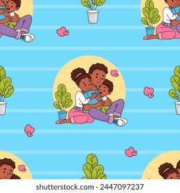Seamless pattern with happy black family. Cute ethnic sitting mother and father with child son on blue striped background. Vector illustration