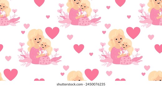 Seamless pattern with happy blonde woman mother with fair-haired daughter in pink on white background with hearts. Blonde Day holiday. Vector illustration in flat cartoon style. 