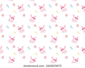 Seamless pattern happy bunny with easter egg pastel flat art design. Cute rabbit decorate with festive vector concept of celebration, holiday and spring time for children fabric clipart illustration.