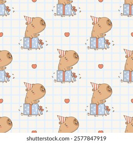 Seamless Pattern Happy Capybara in birthday cap in festive gift box on white checkered Background. Vector illustration. Holiday funny template. Kids collection