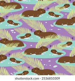 Padrão contínuo com capibaras felizes natação e folhas, ilustração de estoque vetor plano com capibaras como um animal Pattern Requests, sstkBackgrounds