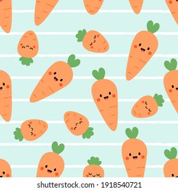 Seamless pattern with happy carrot cartoons on stripe white green background vector illustration. Cute cartoon food wallpaper. Childish print. 