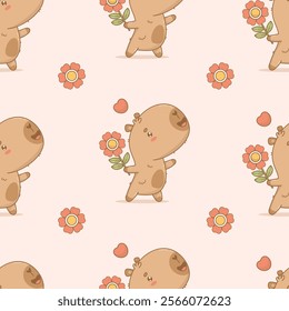 Seamless pattern with happy cartoon capybara with flower and heart on pink background. Vector illustration. Ornament template valentine.