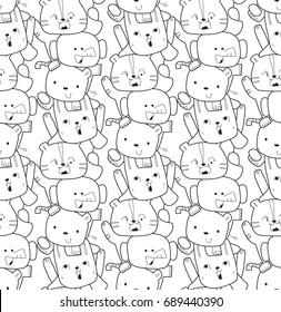 Seamless pattern, Happy cartoon cute animals outlines isolated on white background illustration vector.