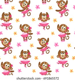 Seamless pattern, Happy cartoon cute monkey girl dancing in pink ballet suit isolated on black background illustration vector,