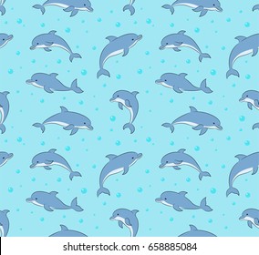 Seamless pattern with happy cartoon dolphins. Vector background.