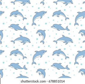 Seamless pattern with happy cartoon dolphins playing in the sea. Vector background.