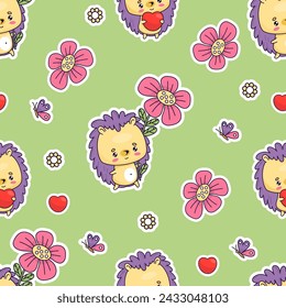 Seamless pattern with happy cartoon hedgehog with heart and flower on green background. Vector illustration with funny kawaii animals. Kids collection