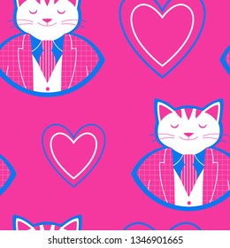 Seamless pattern with happy cat in cartoon style and hearts isolated on red background