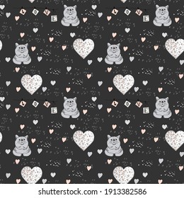 Seamless pattern happy cat and hearts on a black background. Vector hand-drawn illustration in doodle style with colored spots on the background.
